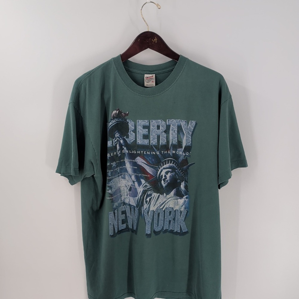 Vtg 90s Y2K Anvil New York City Statue Of Liberty Graphic T-Shirt‎ Green Size XL